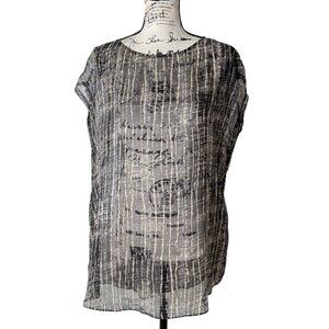 Eileen Fisher Sheer Silk Top Black White Textured Blouse Short Sleeve Size L